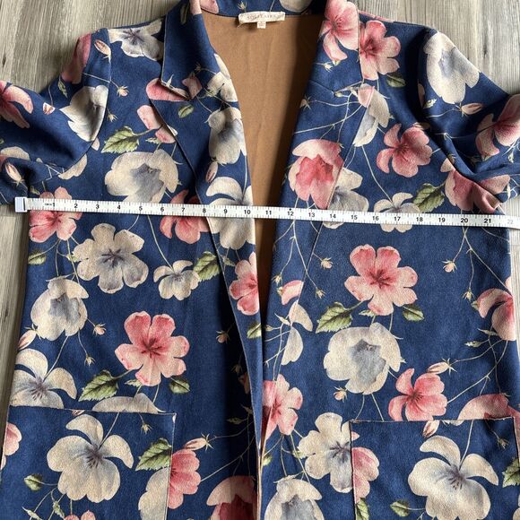 Anthropologie Solitaire Blue Floral Faux Suede Oversized Blazer Jacket Sz Large - Picture 7 of 13